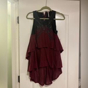Free People  Lace w/Faux Leather Embroidered Tunic Top